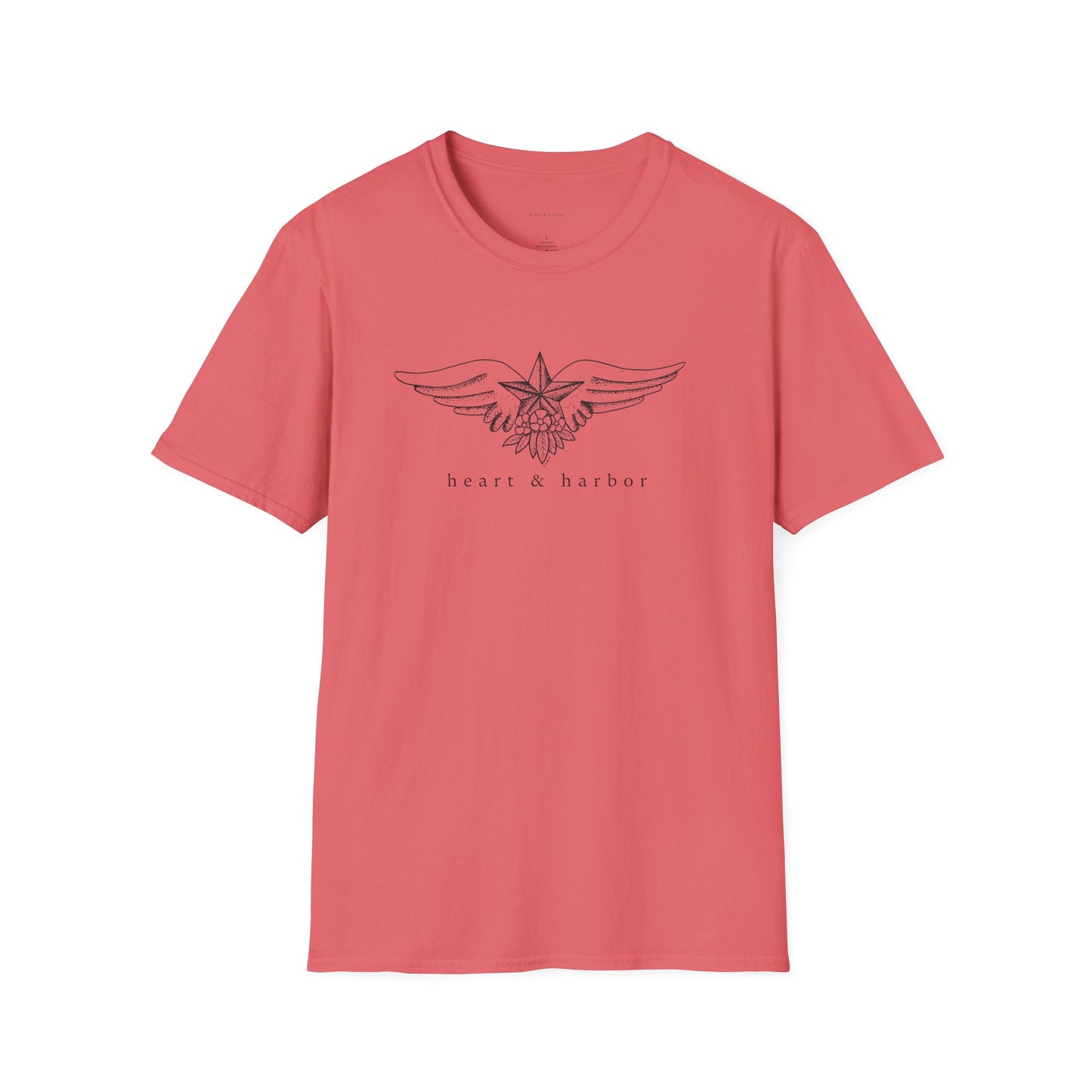 Coral silk t-shirt with vintage tattoo style nautical star with wings original art.