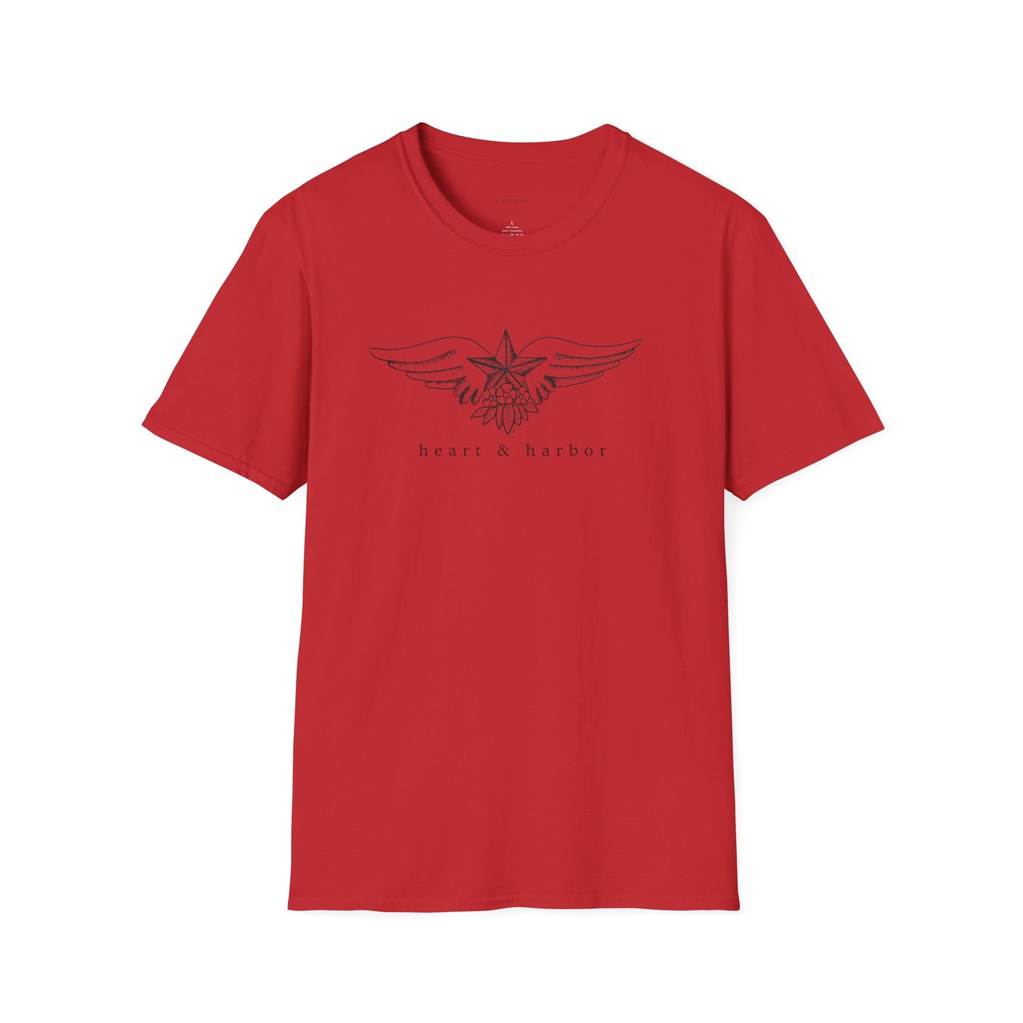 Red t-shirt with vintage tattoo style nautical star with wings original art.