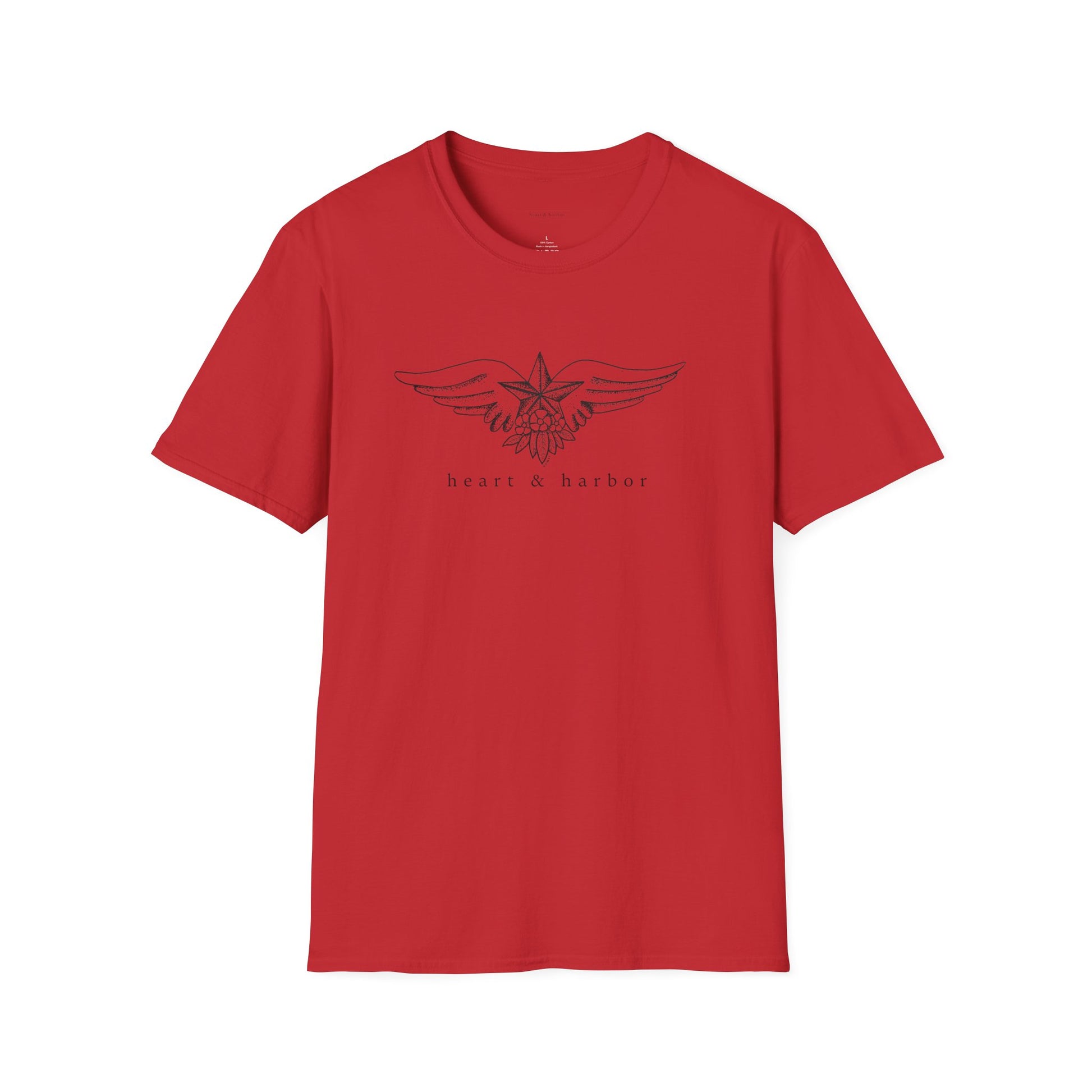 Red t-shirt with vintage tattoo style nautical star with wings original art.