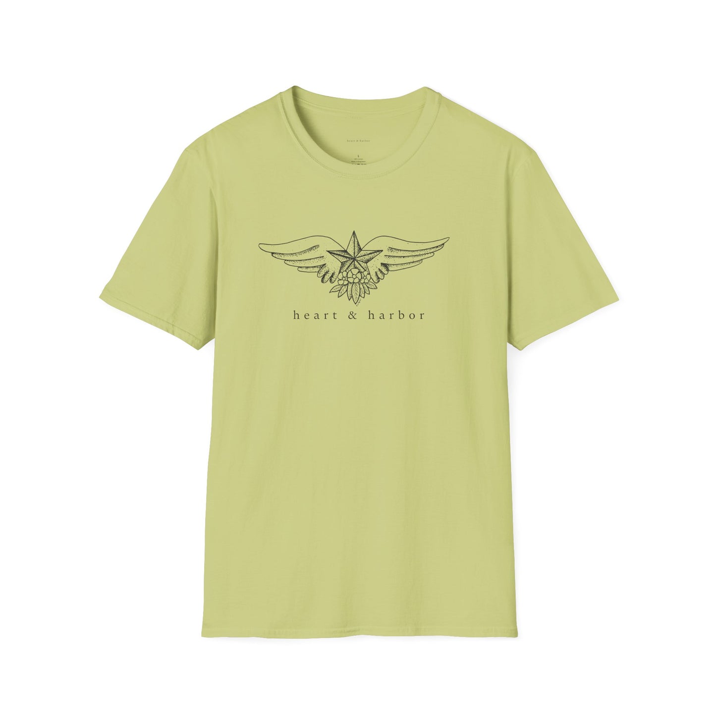 Light Green t-shirt with vintage tattoo style nautical star with wings original art.
