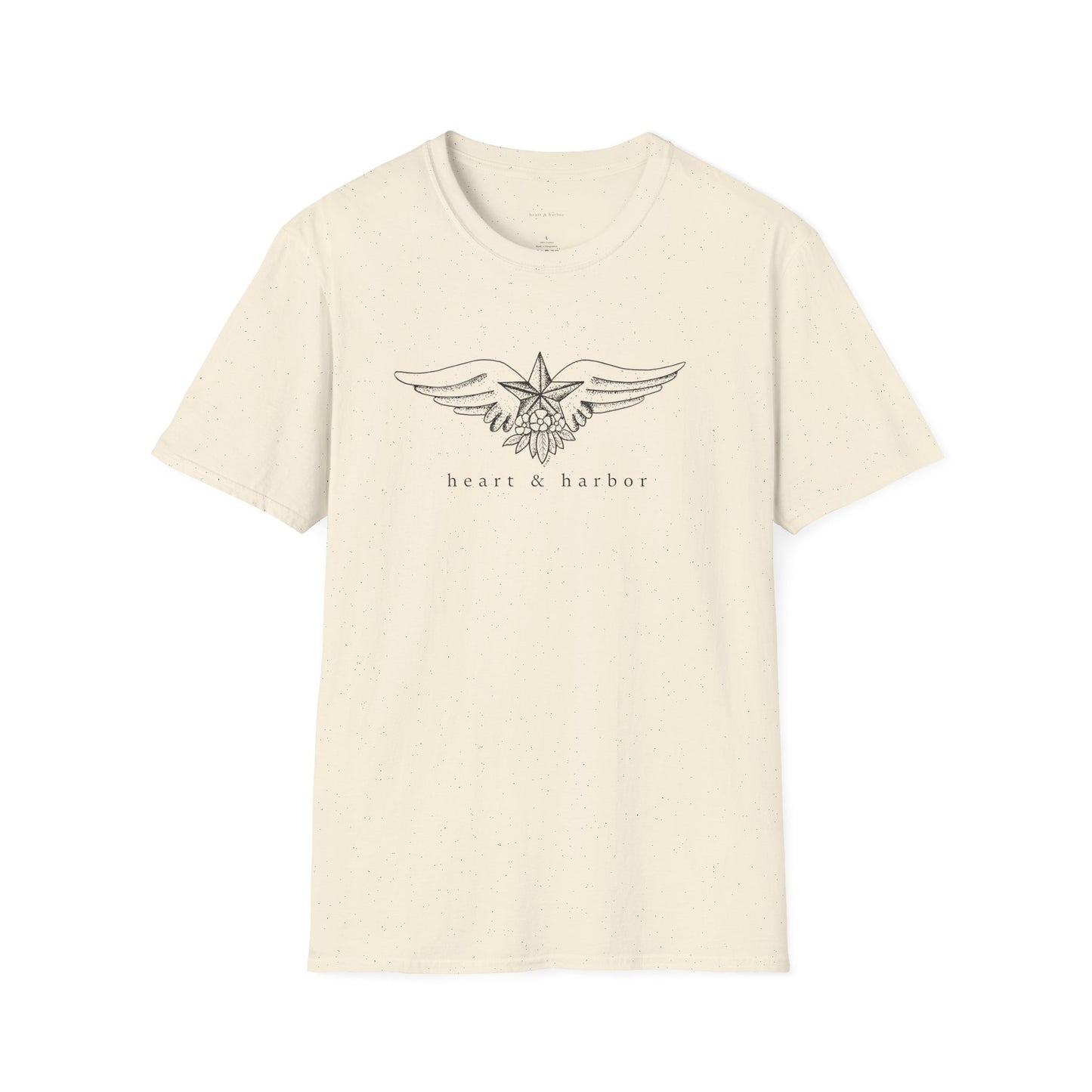 sand t-shirt with vintage tattoo style nautical star with wings original art.