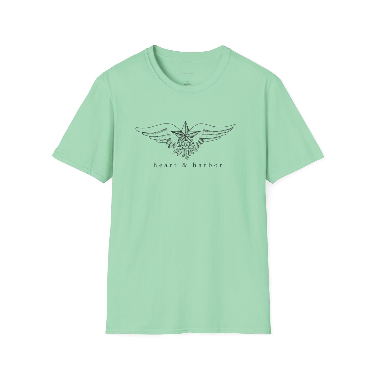 Mint green t-shirt with vintage tattoo style nautical star with wings original art.