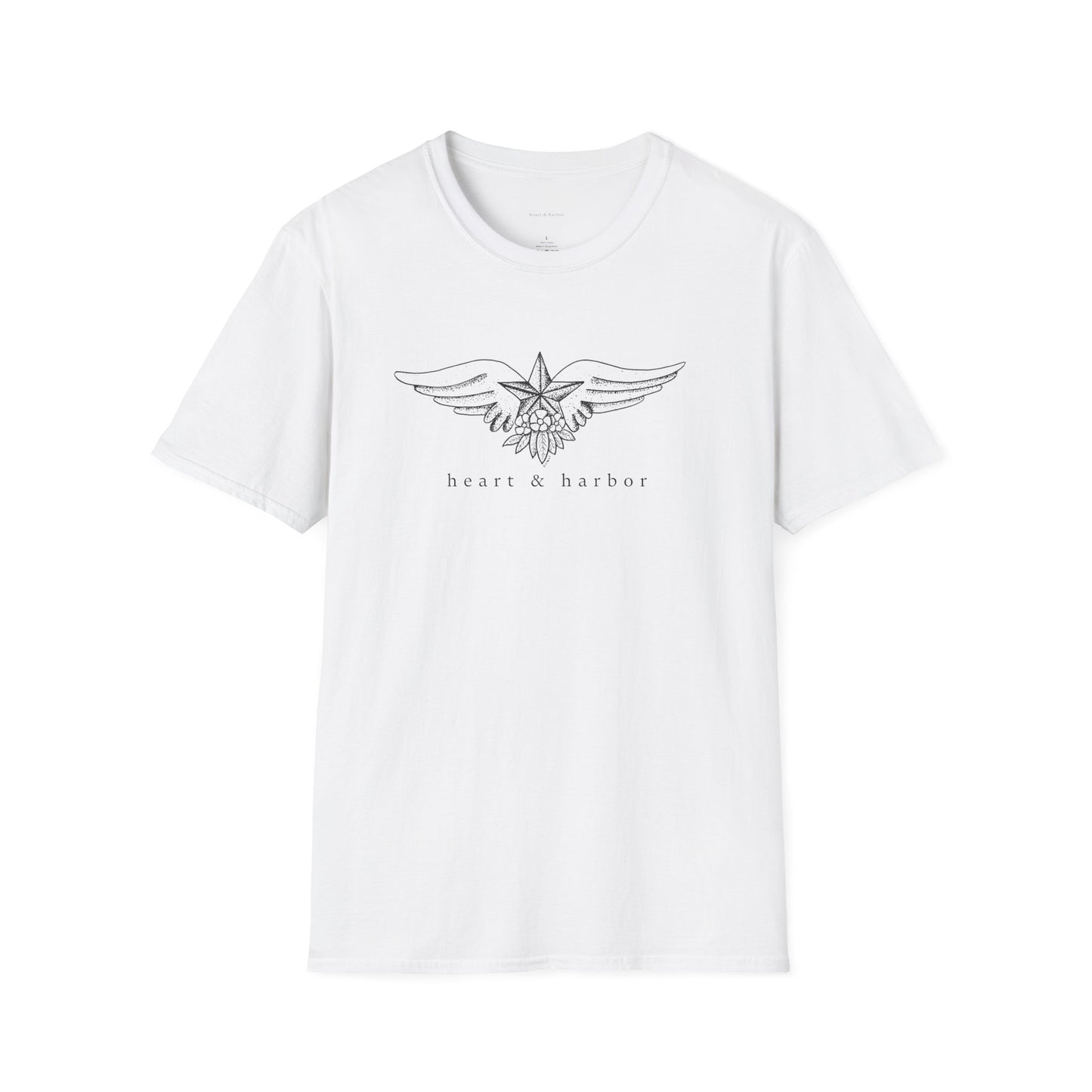 White t-shirt with vintage tattoo style nautical star with wings original art.