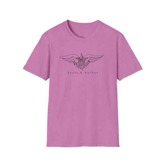 Purple t-shirt with vintage tattoo style nautical star with wings original art.