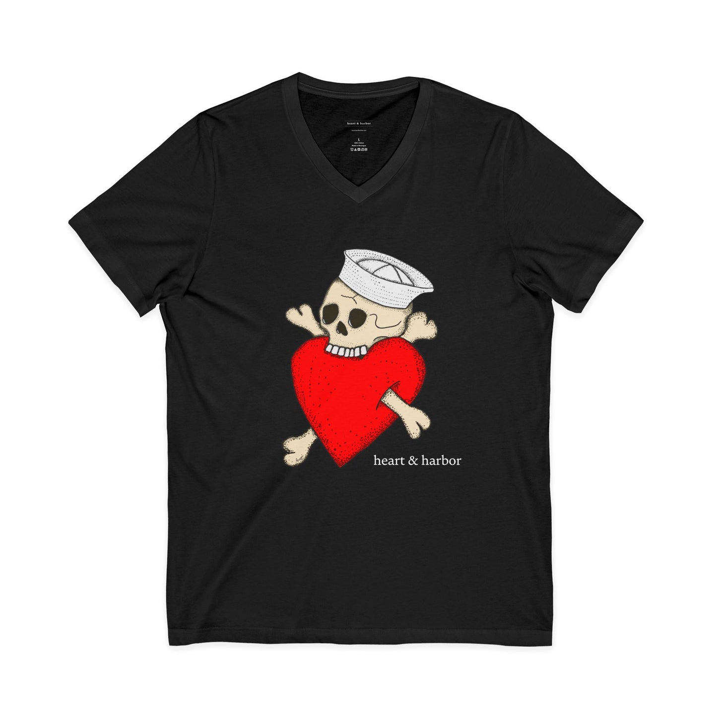 Black t-shirt with a skull and crossbones design holding a red heart on a white background