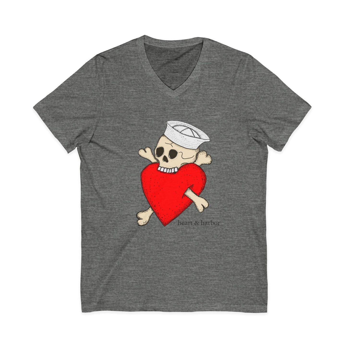 Gray t-shirt with a skull and crossbones design holding a red heart on a white background