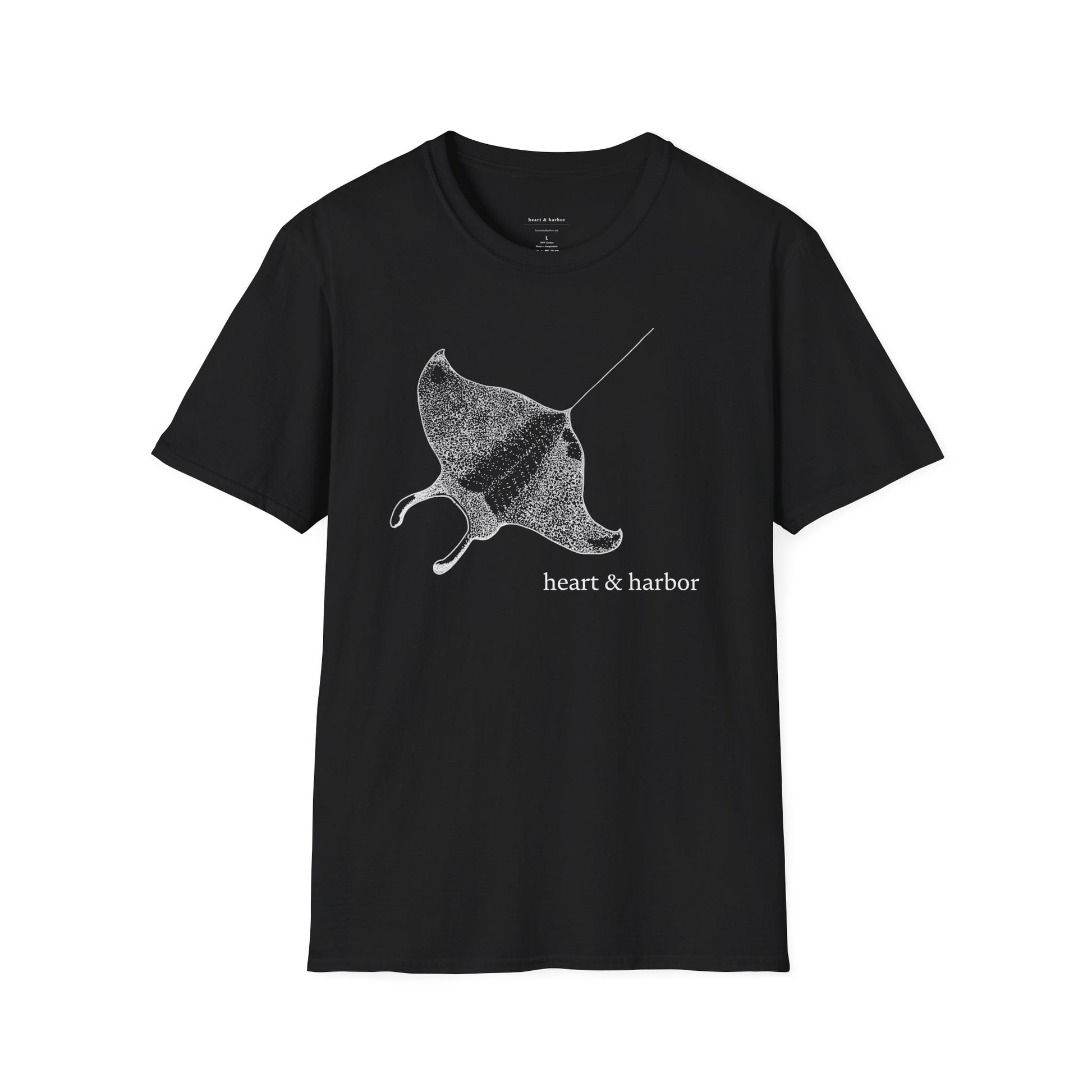 Black t-shirt with stingray graphic by heart & harbor