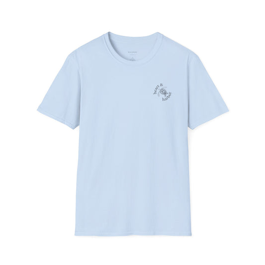 Light blue t-shirt with a small logo on the front. Large design on the back
