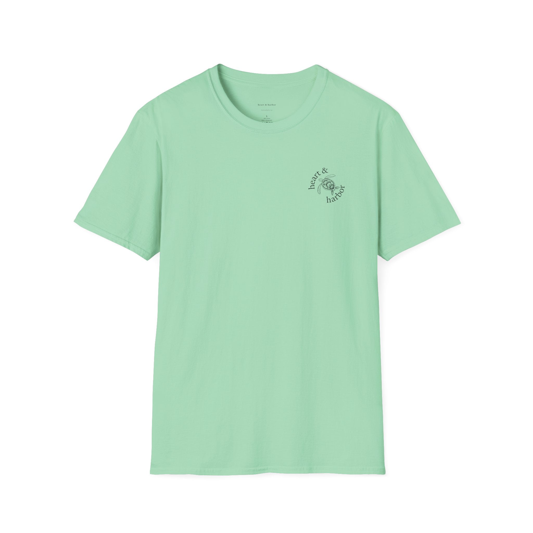 Mint green t-shirt with a small logo on the front. Large design on the back
