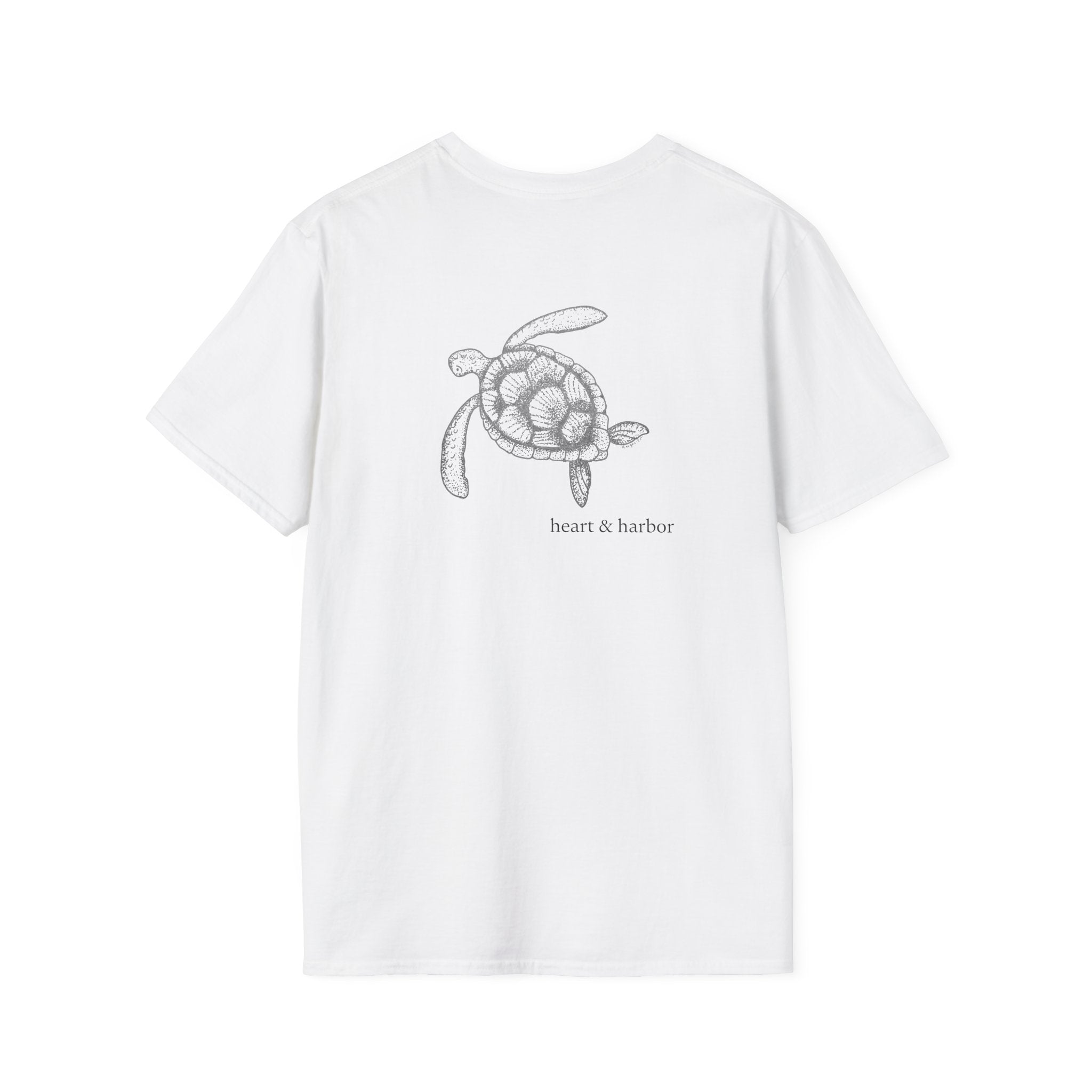 White t-shirt with a turtle design on the back of the shirt