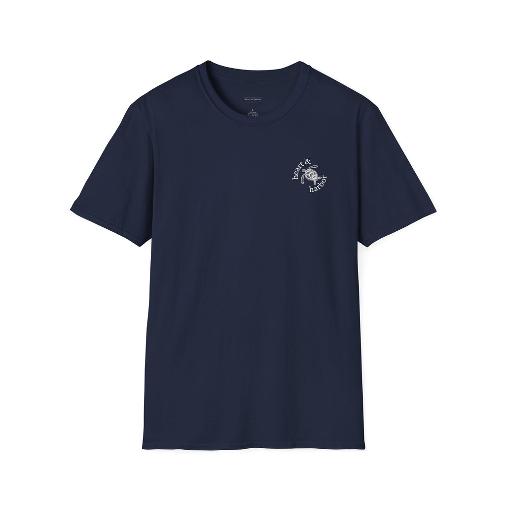 Navy blue t-shirt with a small logo on the front. Large design on the back