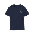 Navy blue t-shirt with a small logo on the front. Large design on the back