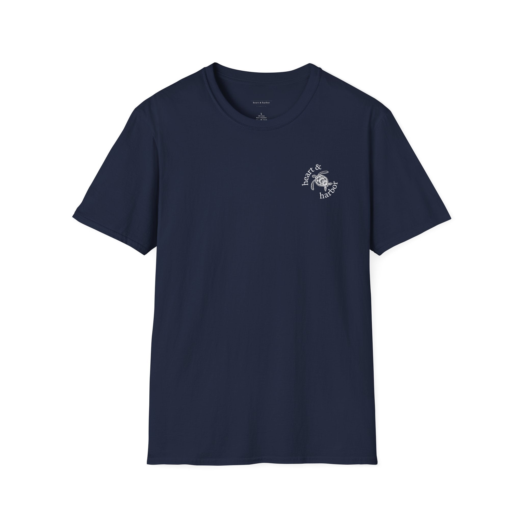 Navy blue t-shirt with a small logo on the front. Large design on the back