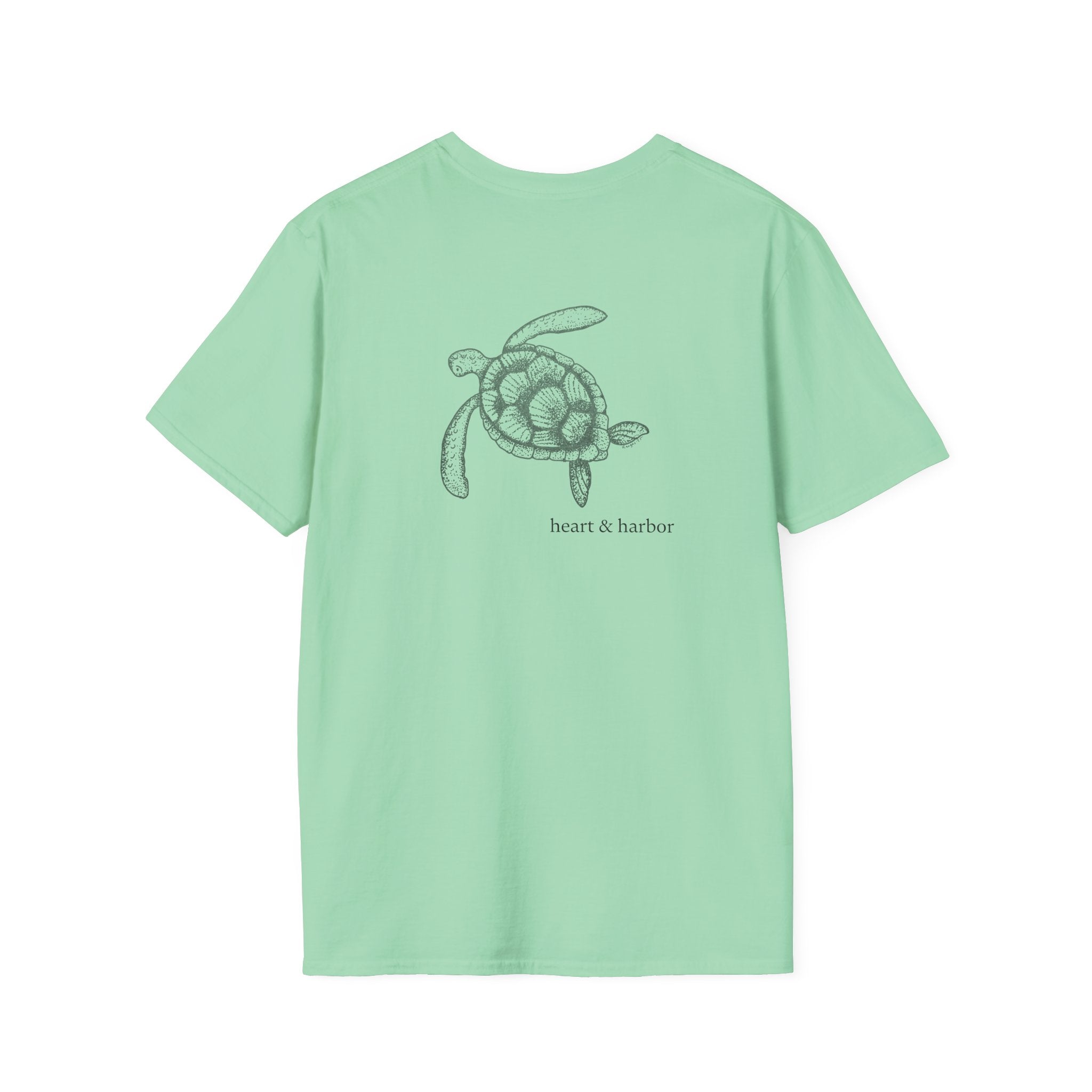 Mint green t-shirt with a turtle design on the back of the shirt