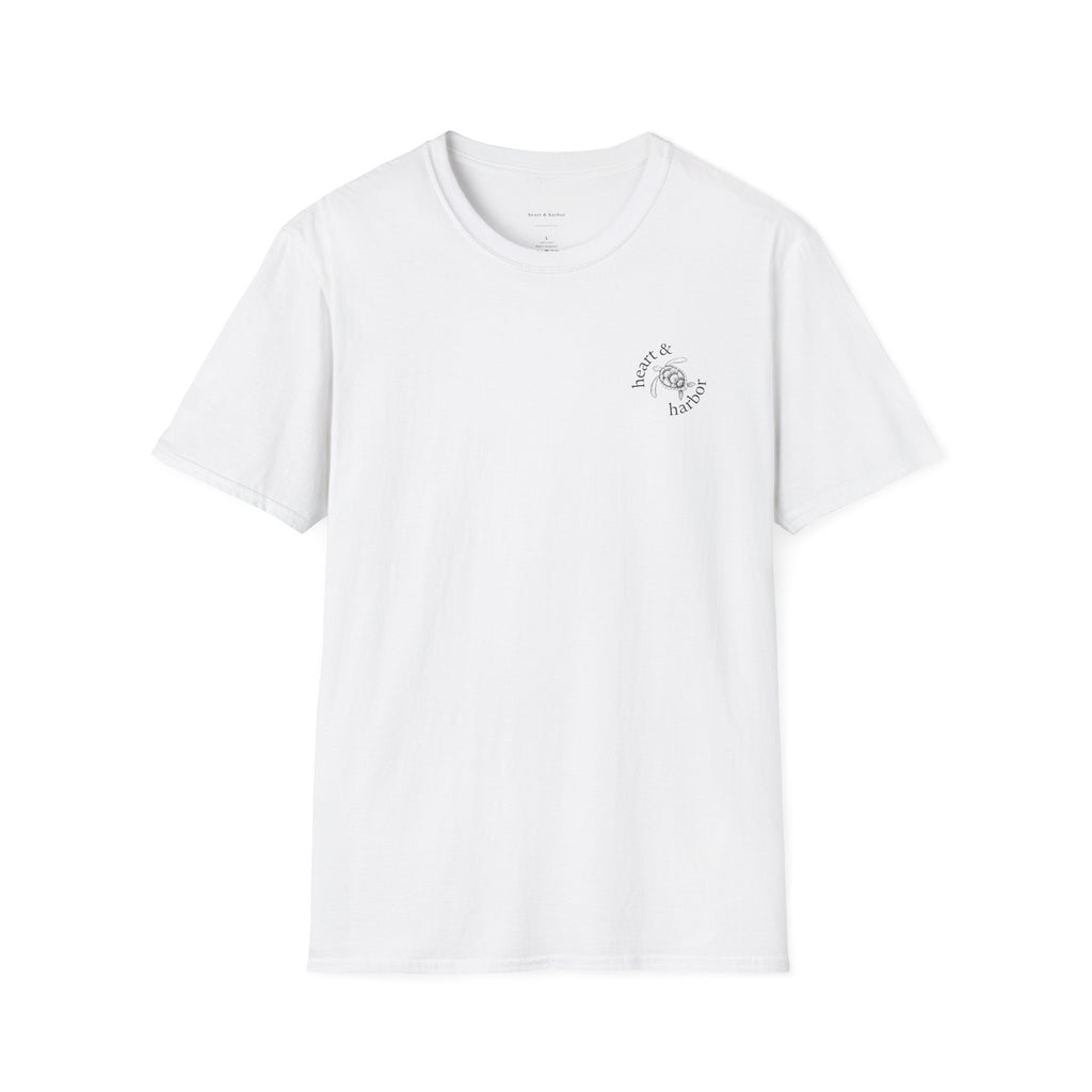 White t-shirt with a small logo on the front. Large design on the back