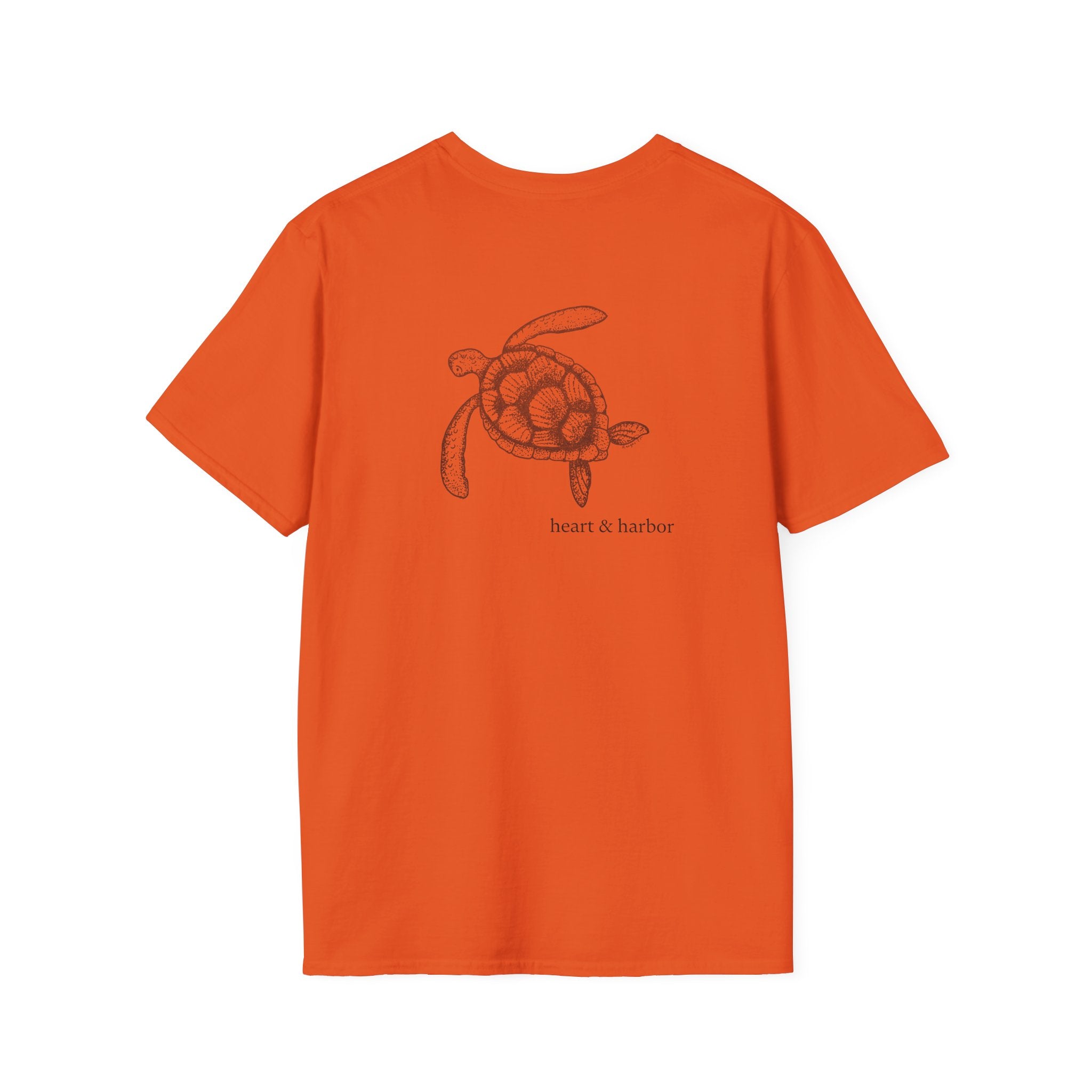 Bright orange t-shirt with a turtle design on the back of the shirt