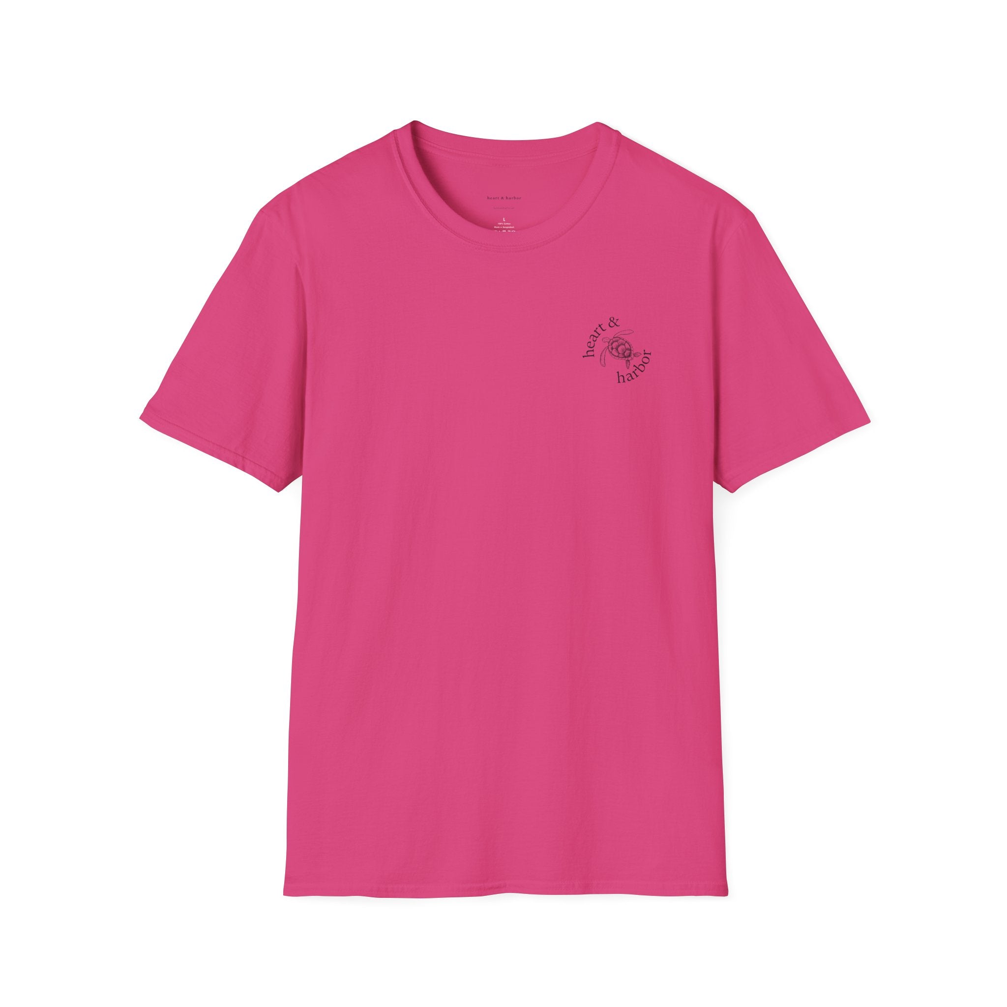 Bright pink t-shirt with a small logo on the front. Large design on the back