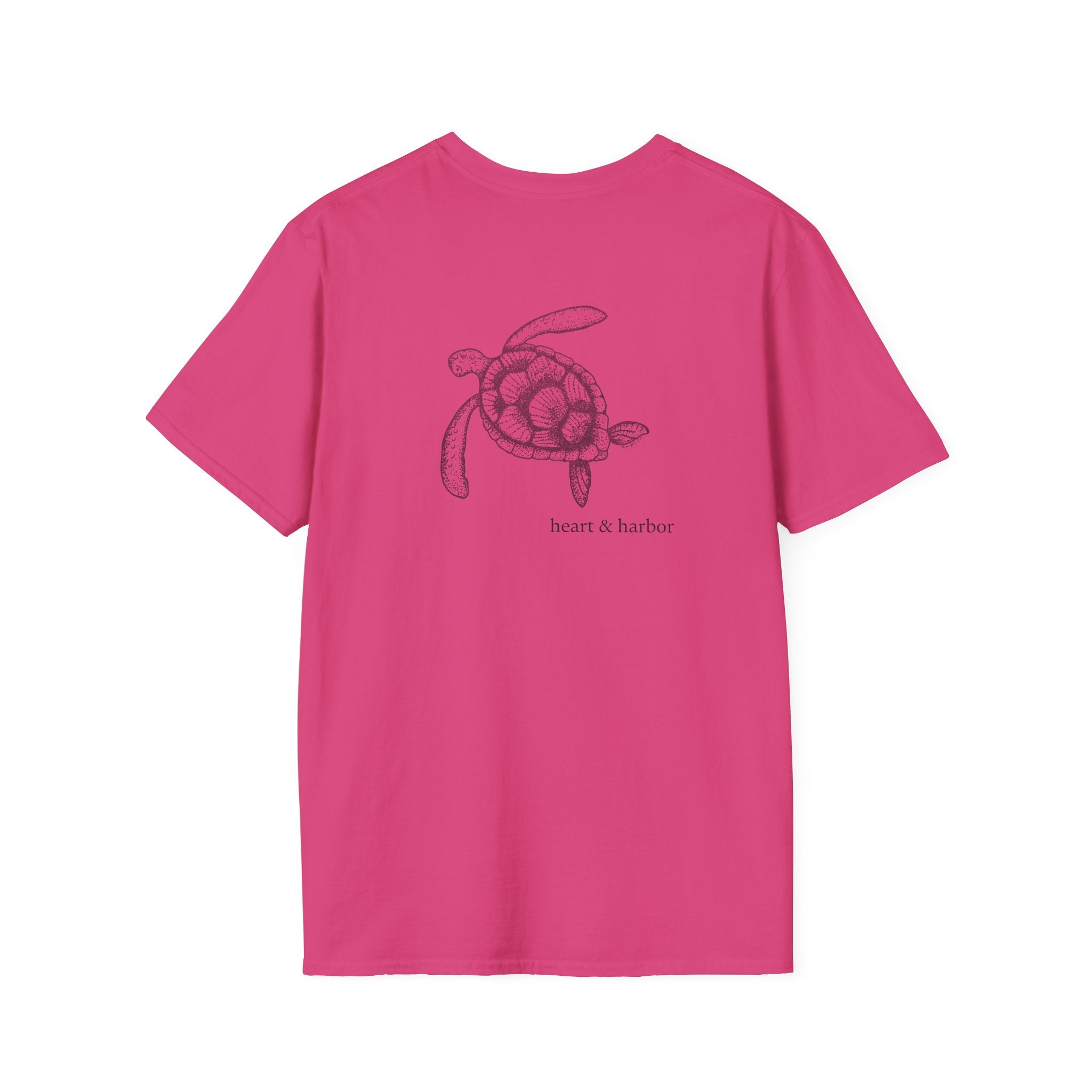 Bright pink t-shirt with a turtle design on the back of the shirt