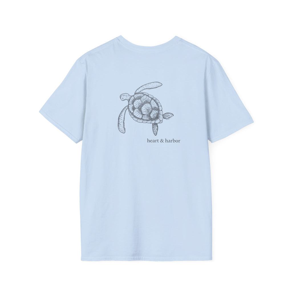 Light blue t-shirt with a turtle design on the back of the shirt
