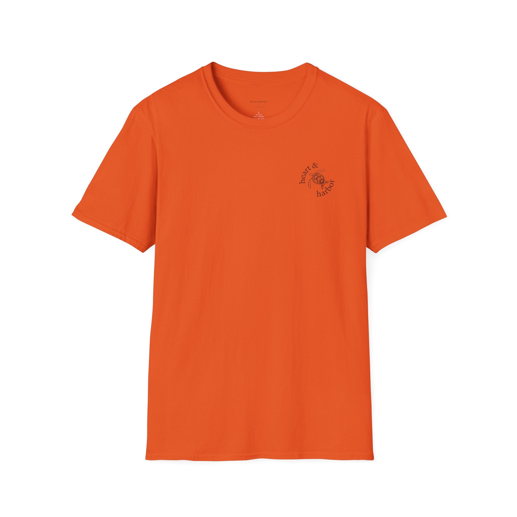 Bright Orange t-shirt with a small logo on the front. Large design on the back