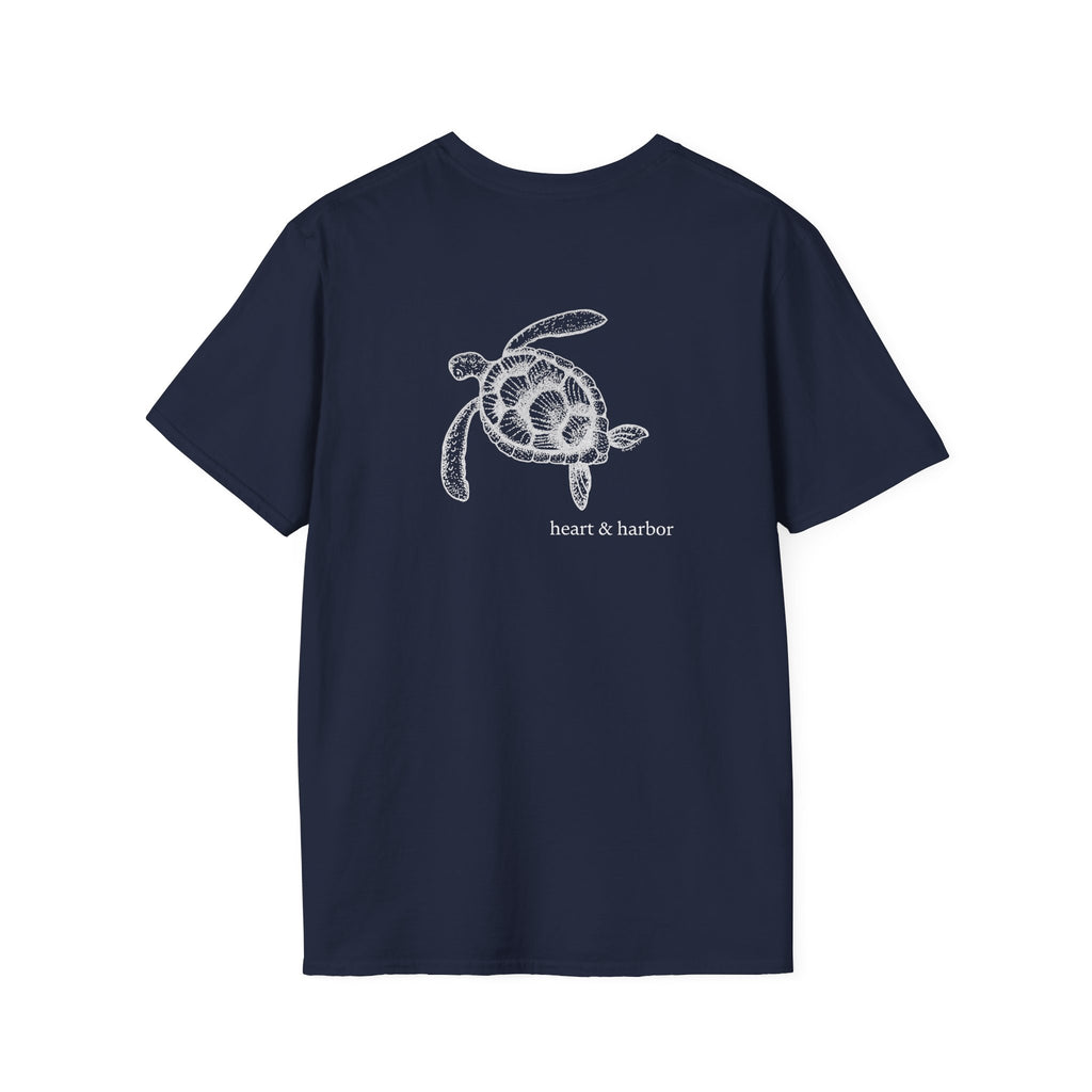 Navy blue t-shirt with a turtle design on the back of the shirt
