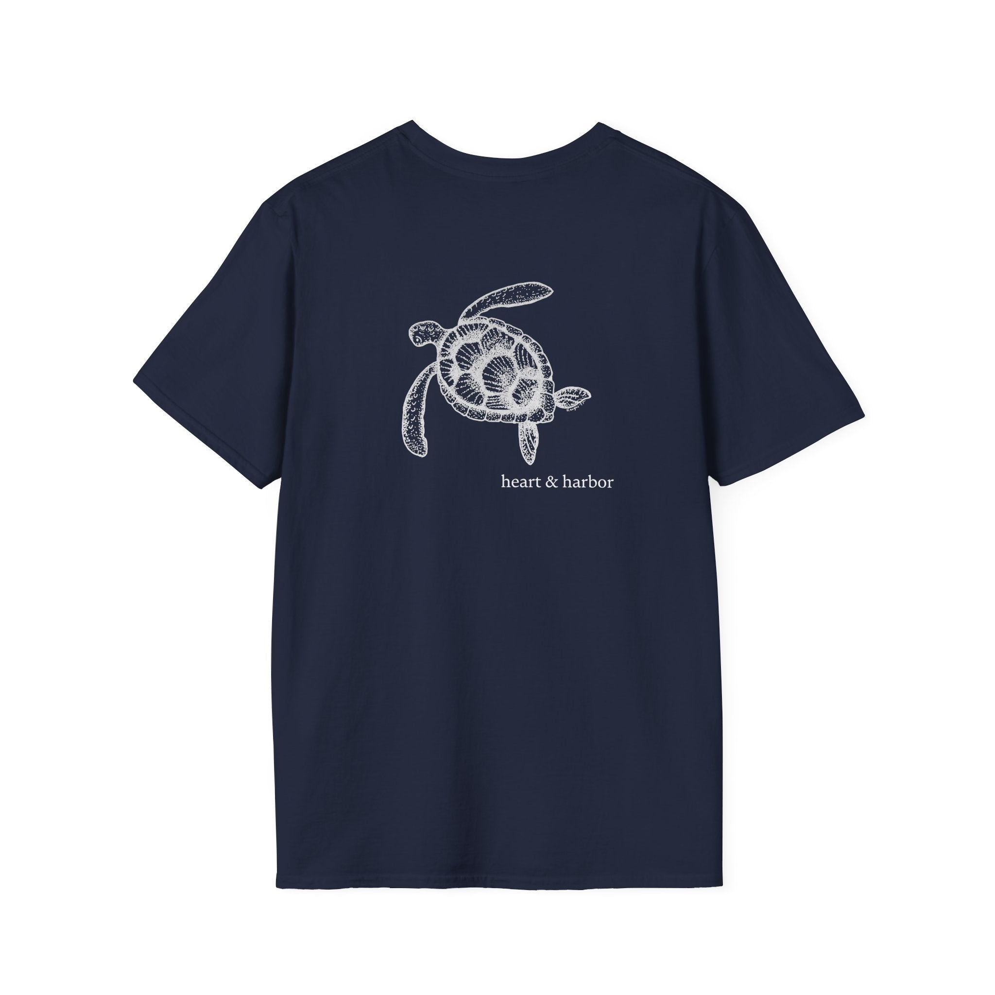 Navy blue t-shirt with a turtle design on the back of the shirt