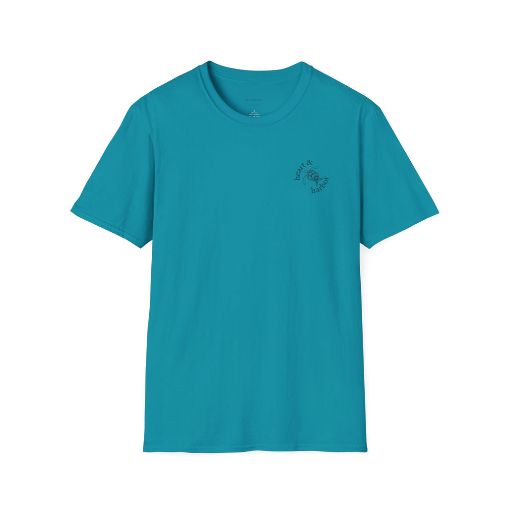 Tropical blue t-shirt with a small logo on the front. Large design on the back