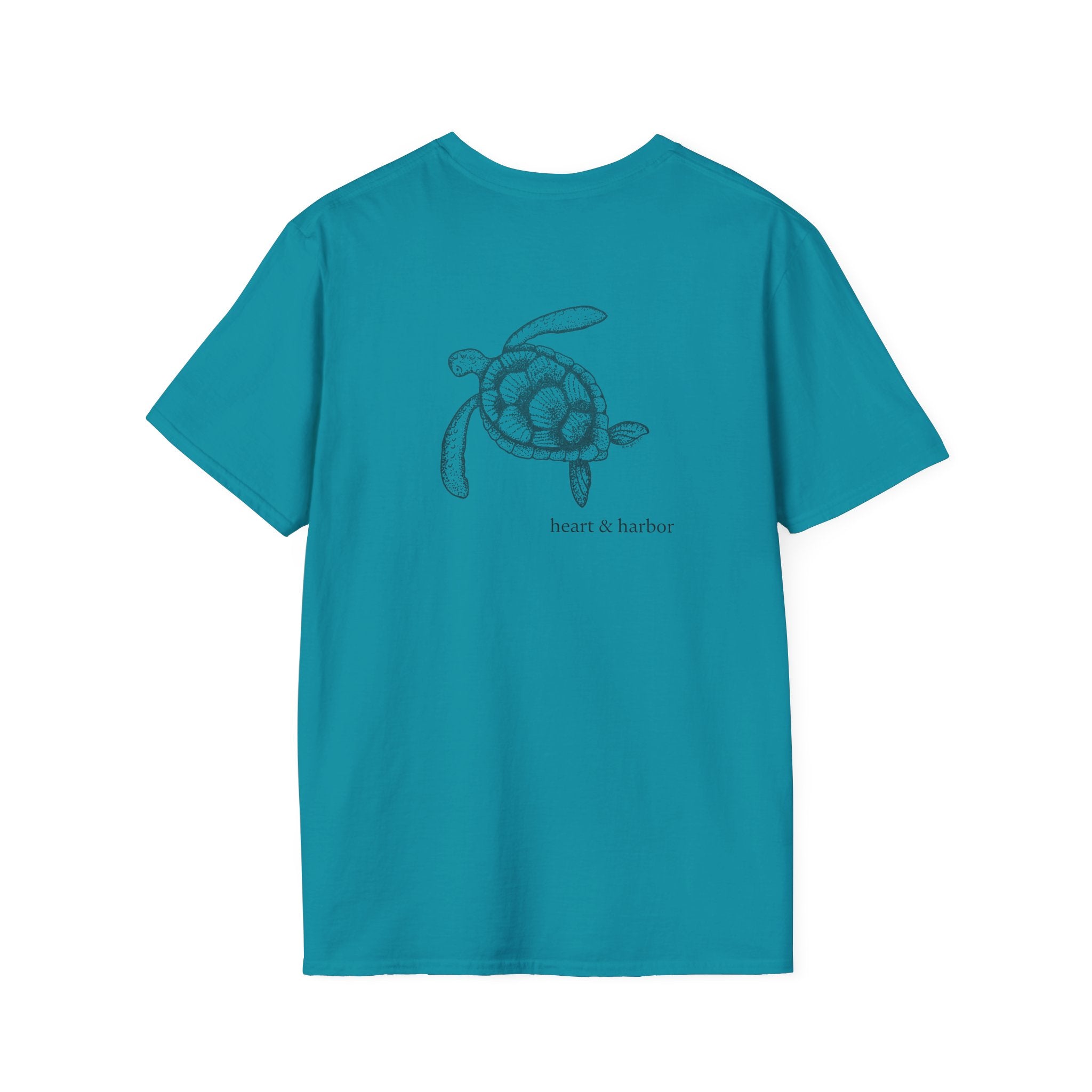 Tropical blue t-shirt with a turtle design on the back of the shirt