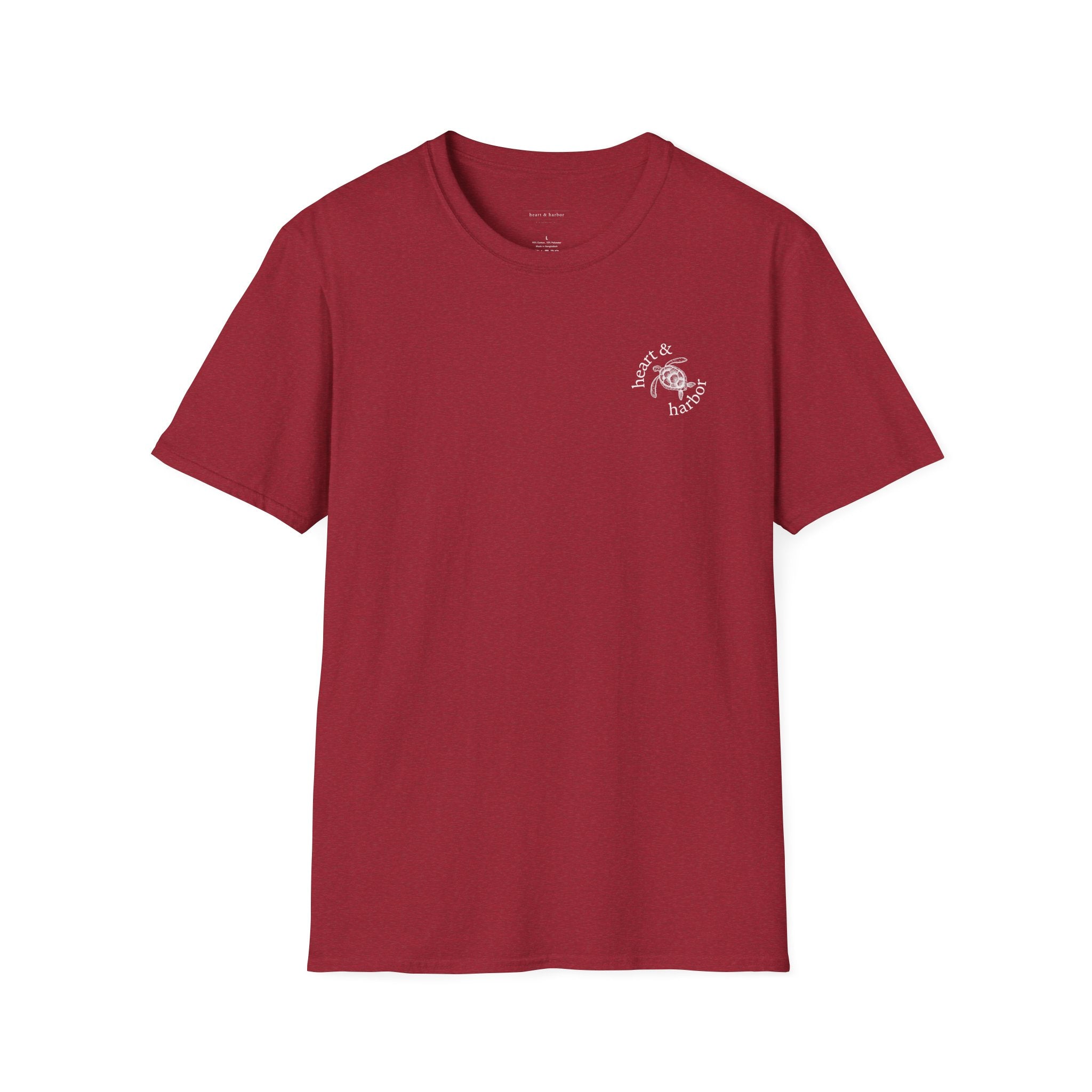 Deep Red t-shirt with a small logo on the front. Large design on the back