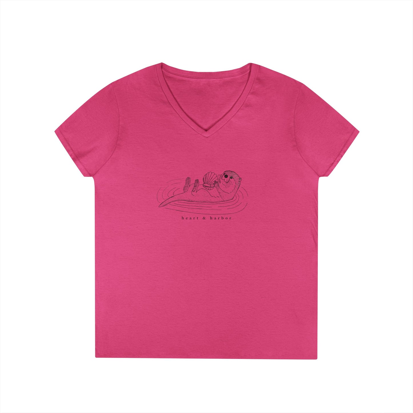 Pink v-neck t-shirt with a hand-drawn sea otter
