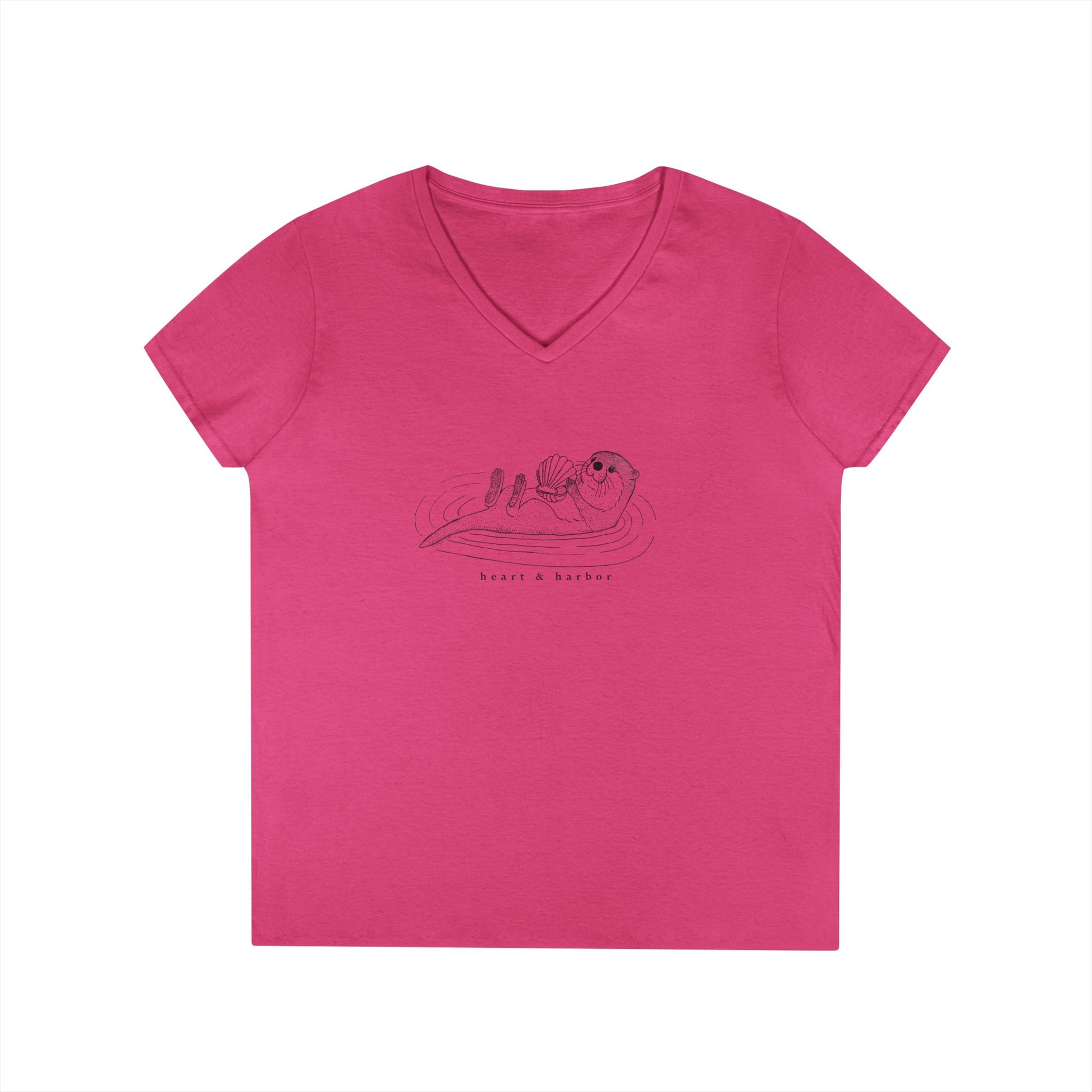 Pink v-neck t-shirt with a hand-drawn sea otter