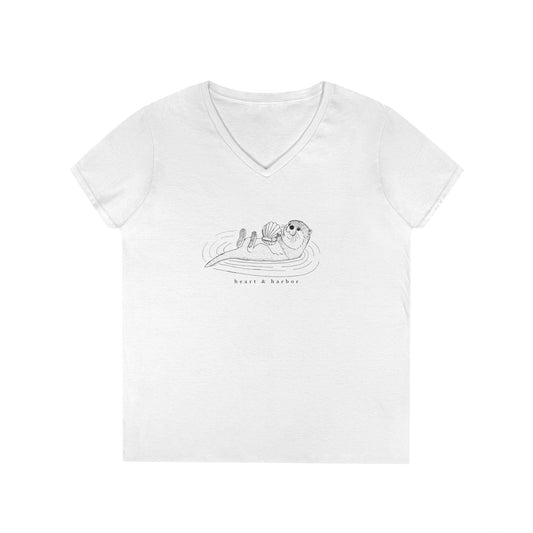 White v-neck t-shirt with a hand-drawn sea otter