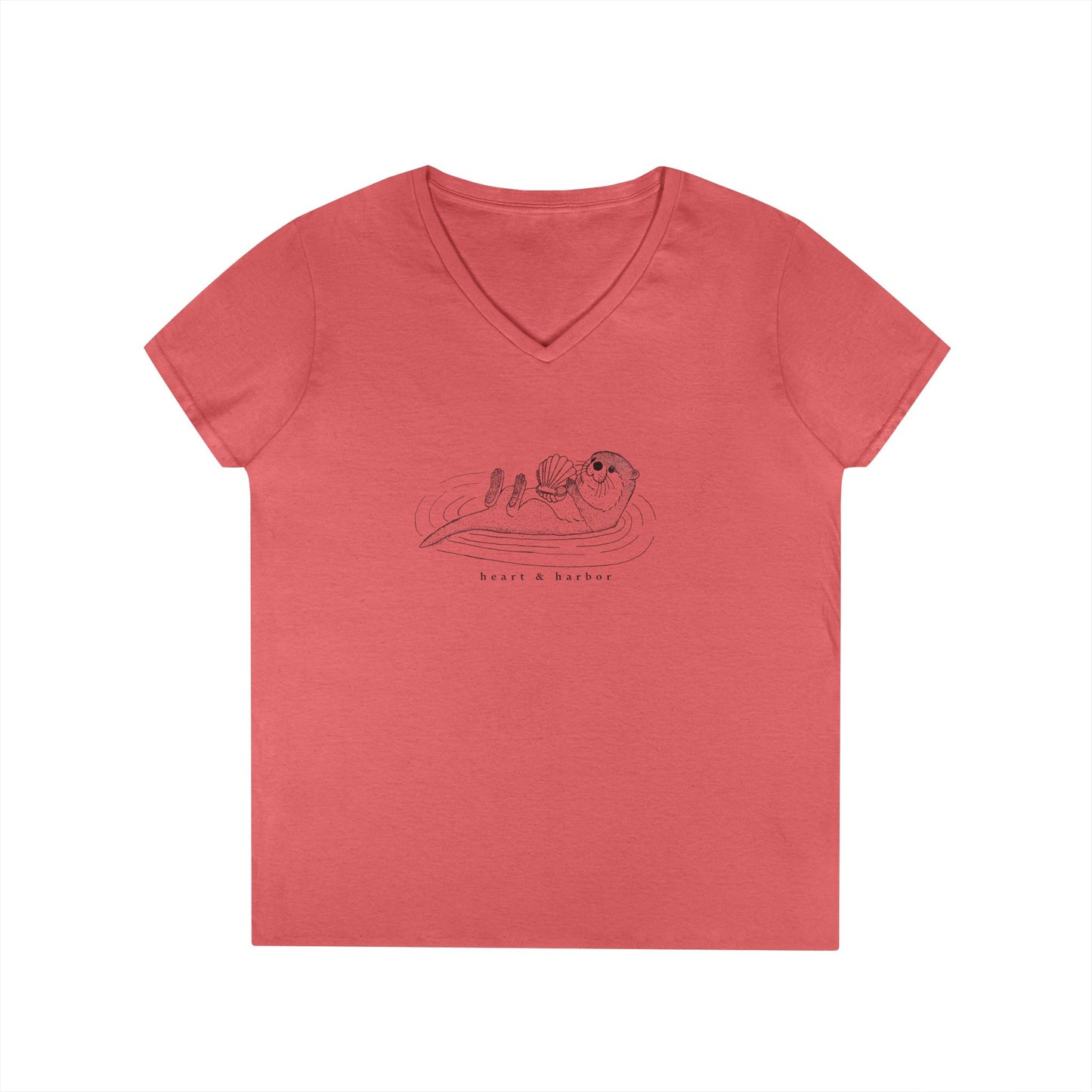 Coral Silk v-neck t-shirt with a hand-drawn sea otter