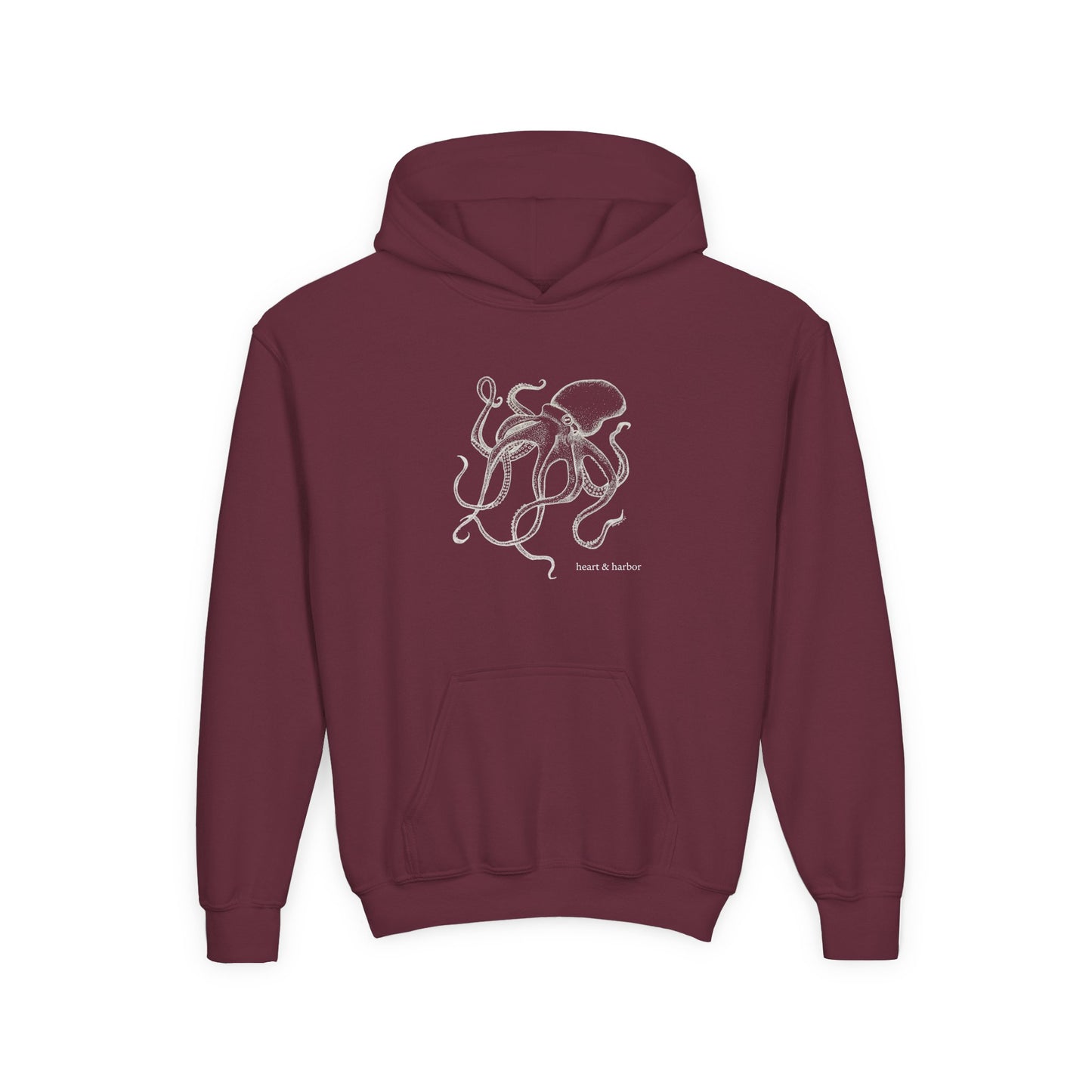 Maroon youth hoodie with hand-drawn octopus