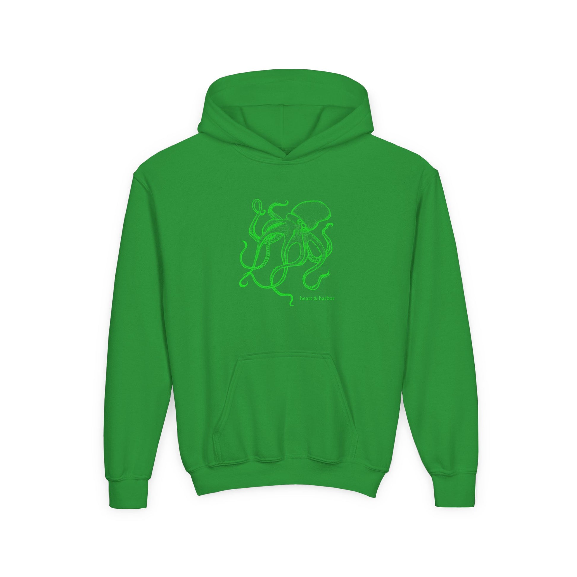 Green youth hoodie with hand-drawn octopus