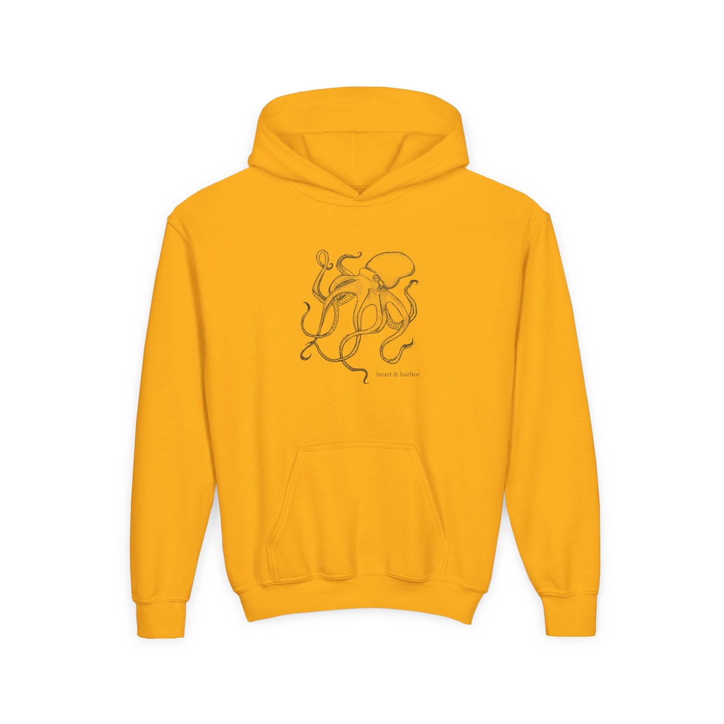 Gold yellow youth hoodie with hand-drawn octopus