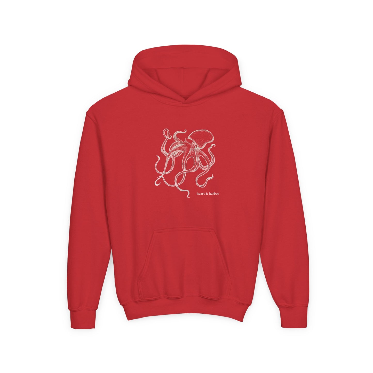 Red youth hoodie with hand-drawn octopus