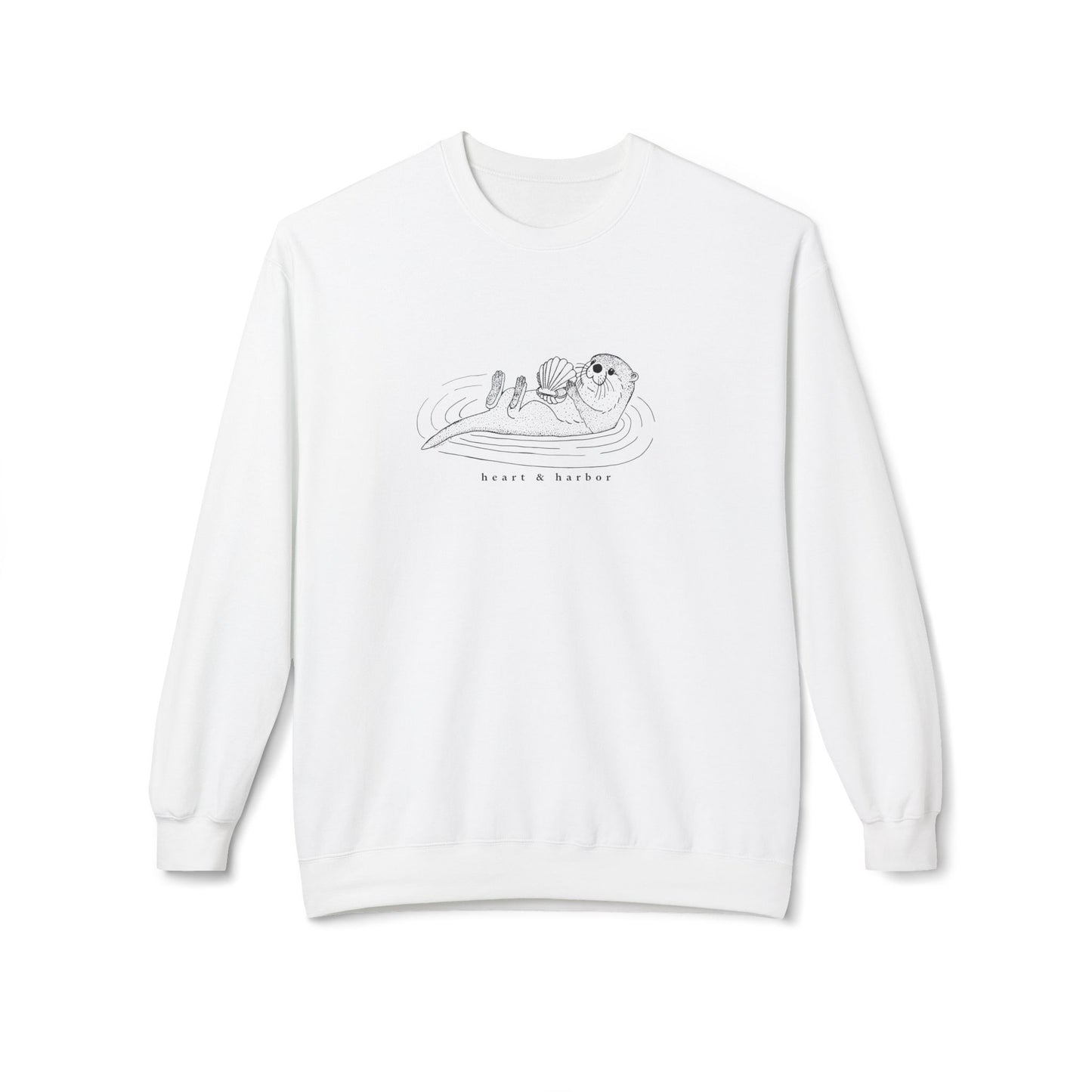 White crewneck sweatshirt with hand-drawn sea otter.