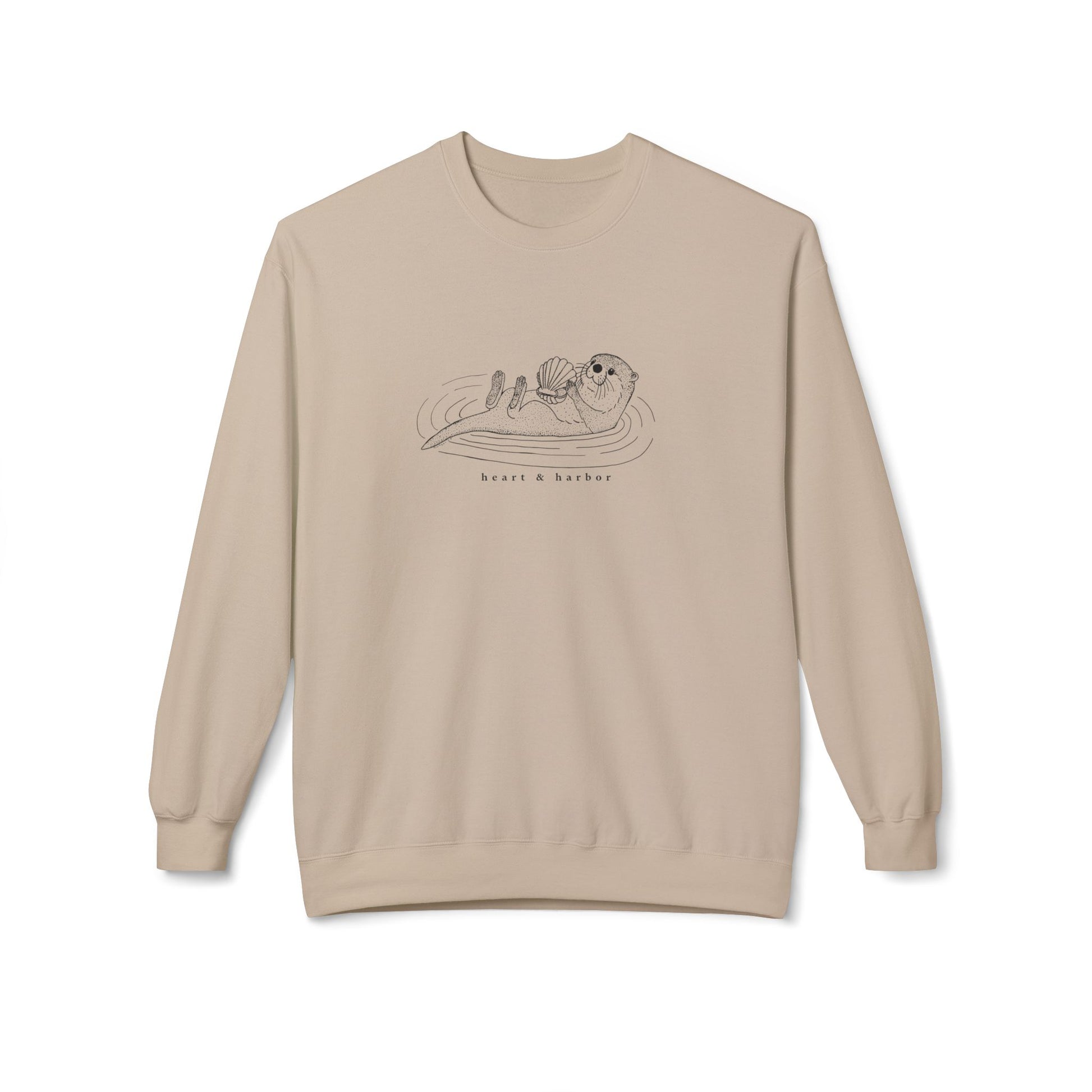 Sand crewneck sweatshirt with hand-drawn sea otter.