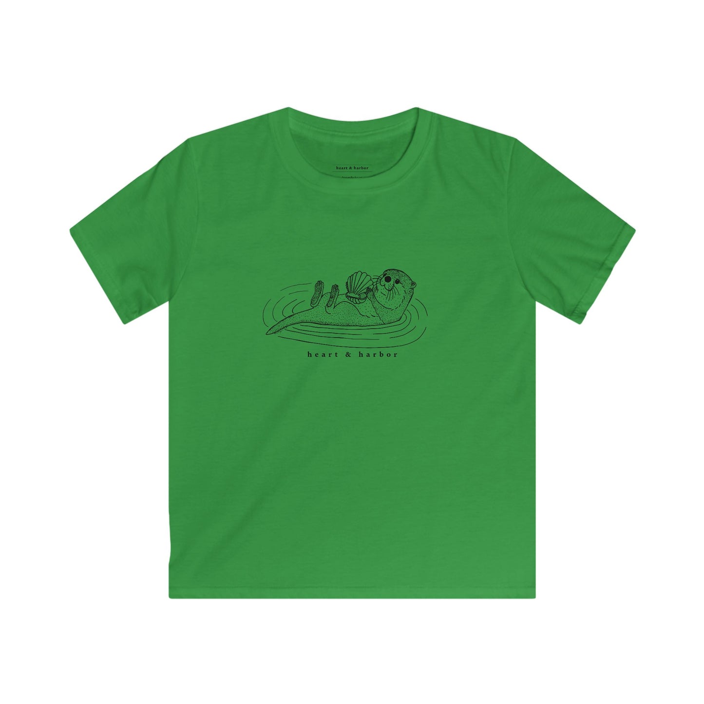 Green youth t-shirt with a hand-drawn sea otter