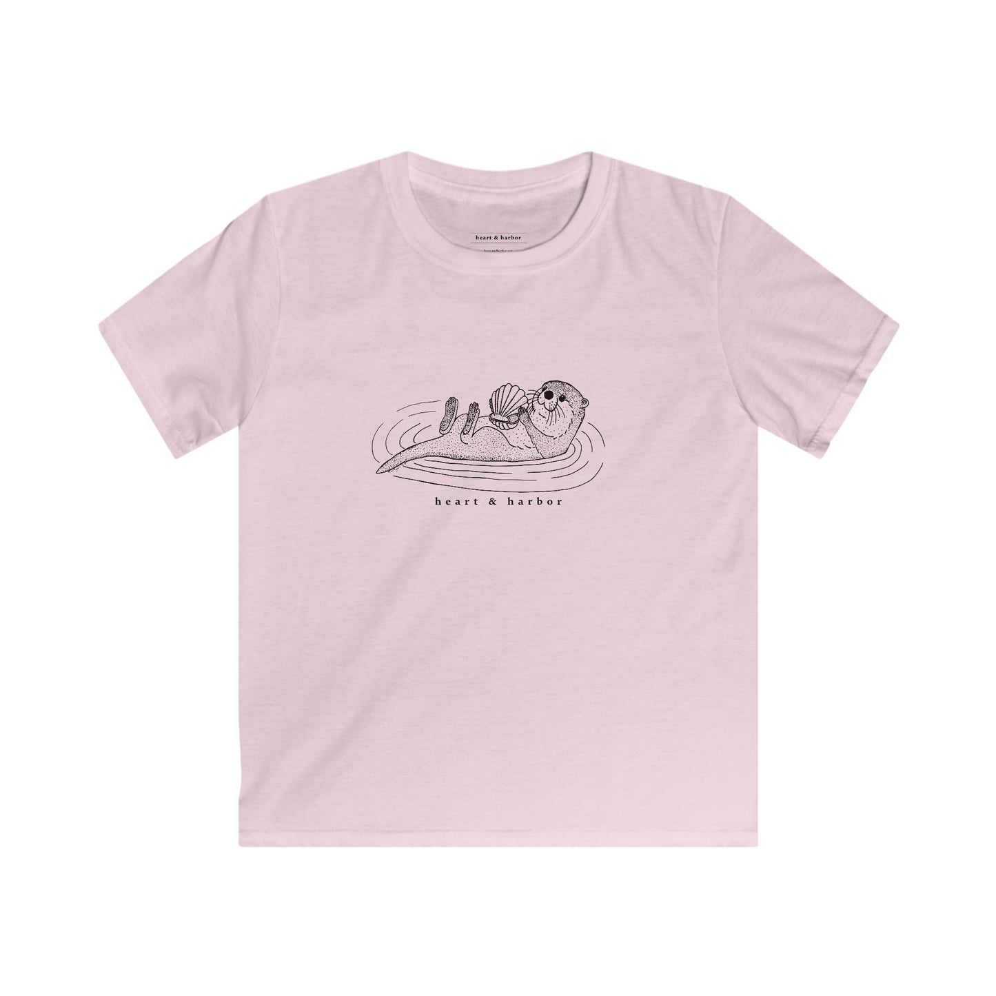 Light pink youth t-shirt with a hand-drawn sea otter
