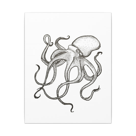 Black and white hand-drawn octopus on a white canvas background