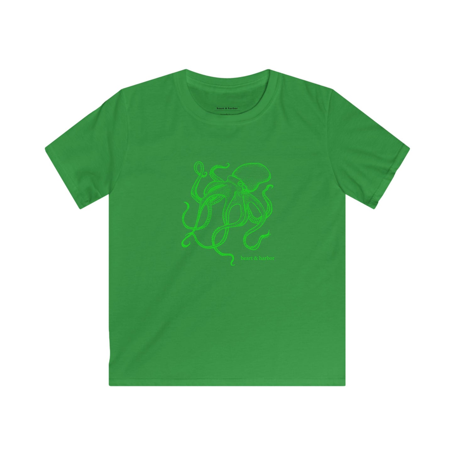 Green t-shirt with a hand-drawn blue octopus design by heart & harbor.