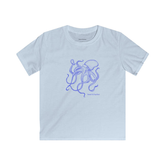 Light blue t-shirt with a hand-drawn blue octopus design by heart & harbor.
