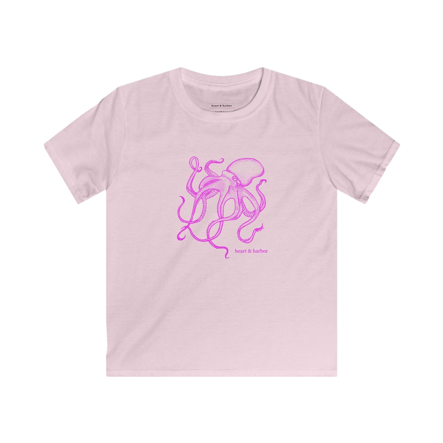 Light pink t-shirt with a hand-drawn blue octopus design by heart & harbor.