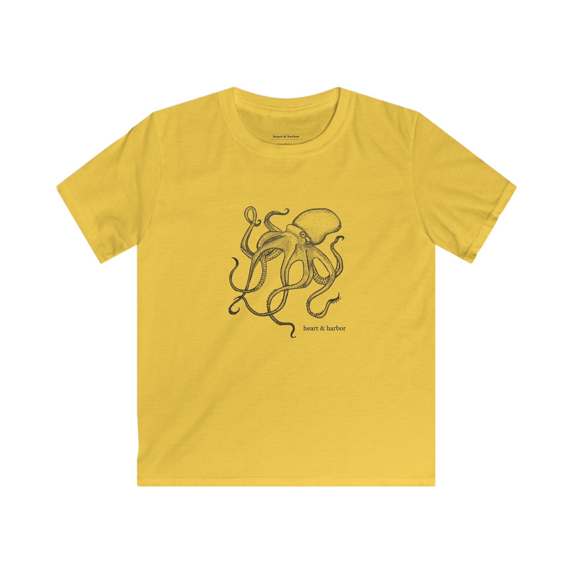 Yellow t-shirt with a hand-drawn blue octopus design by heart & harbor.