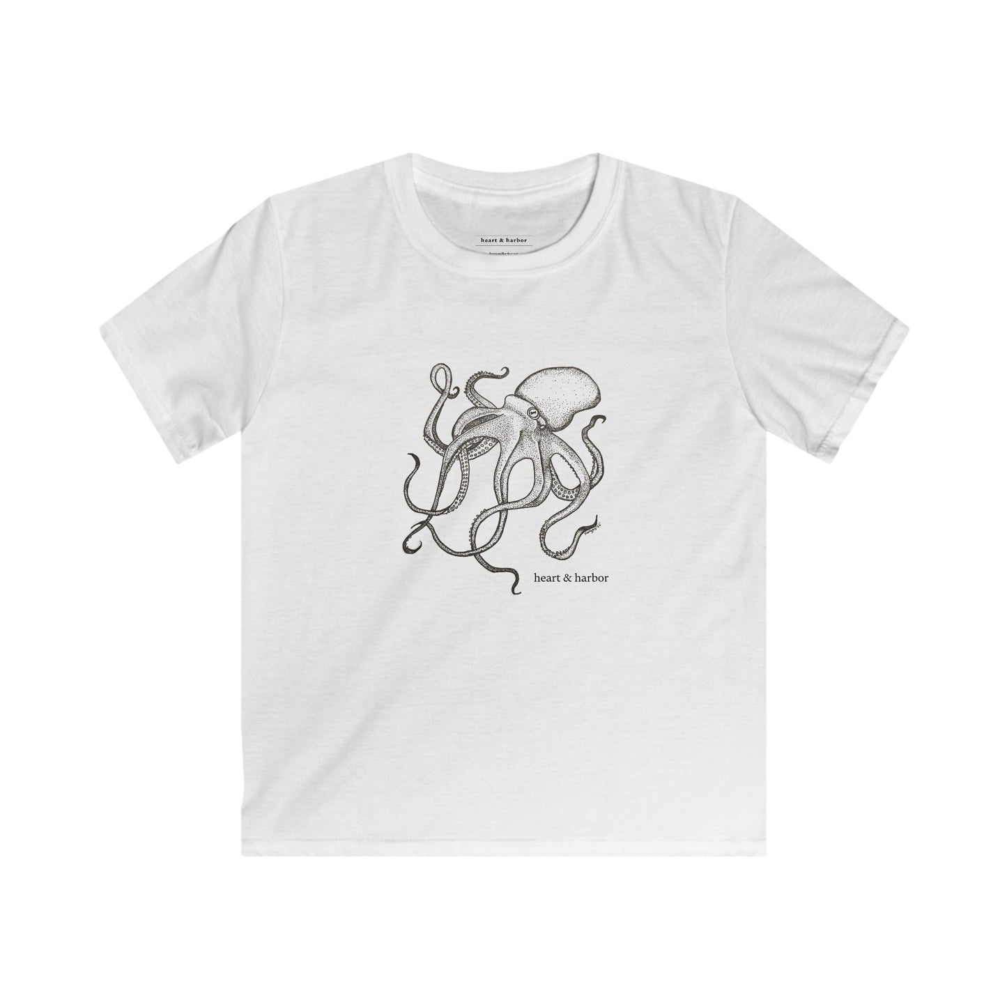 White t-shirt with a hand-drawn black octopus design by heart & harbor.