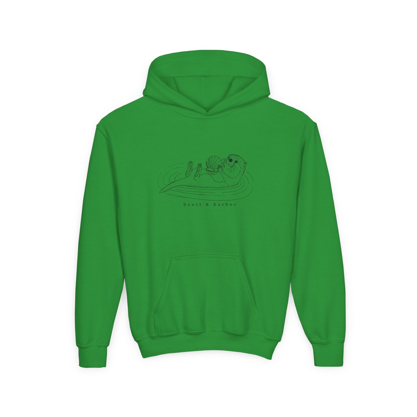 Green hoodie with a hand-drawn sea otter by heart and harbor.