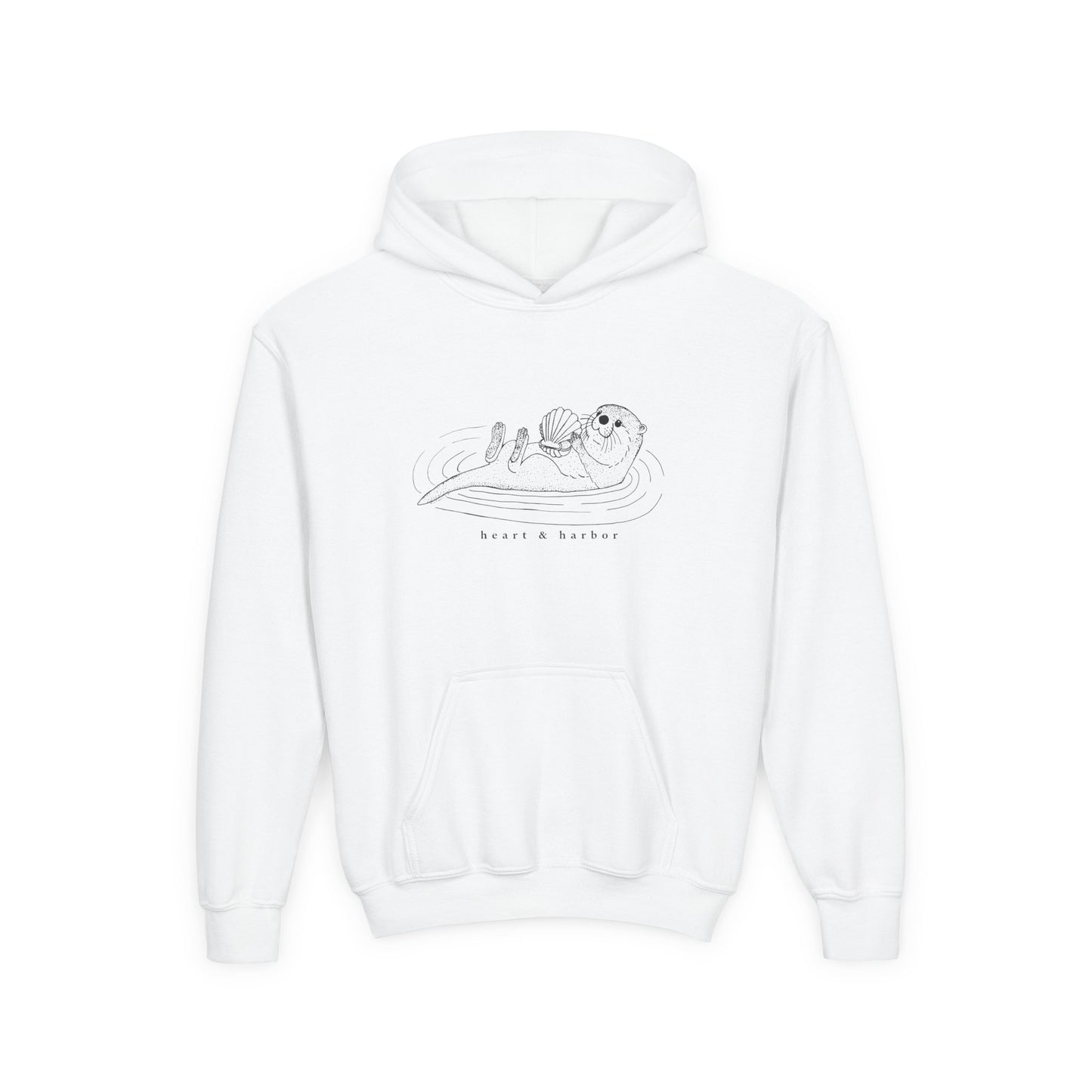 Yellow hoodie with a hand-drawn sea otter by heart and harbor.