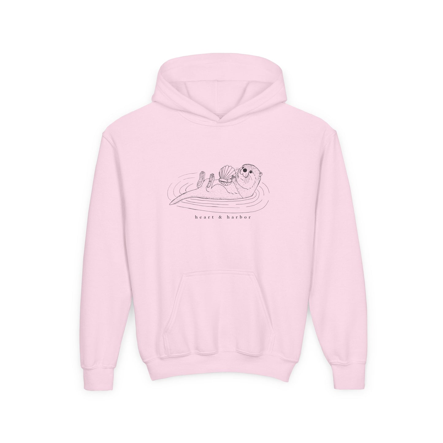 Pink hoodie with a hand-drawn sea otter by heart and harbor.